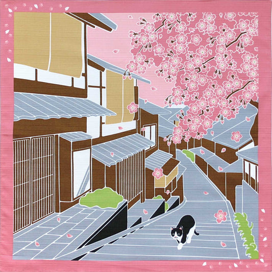 Furoshiki Cloth (Cat walking under Cherry Blossom Sakura) Made in Japan